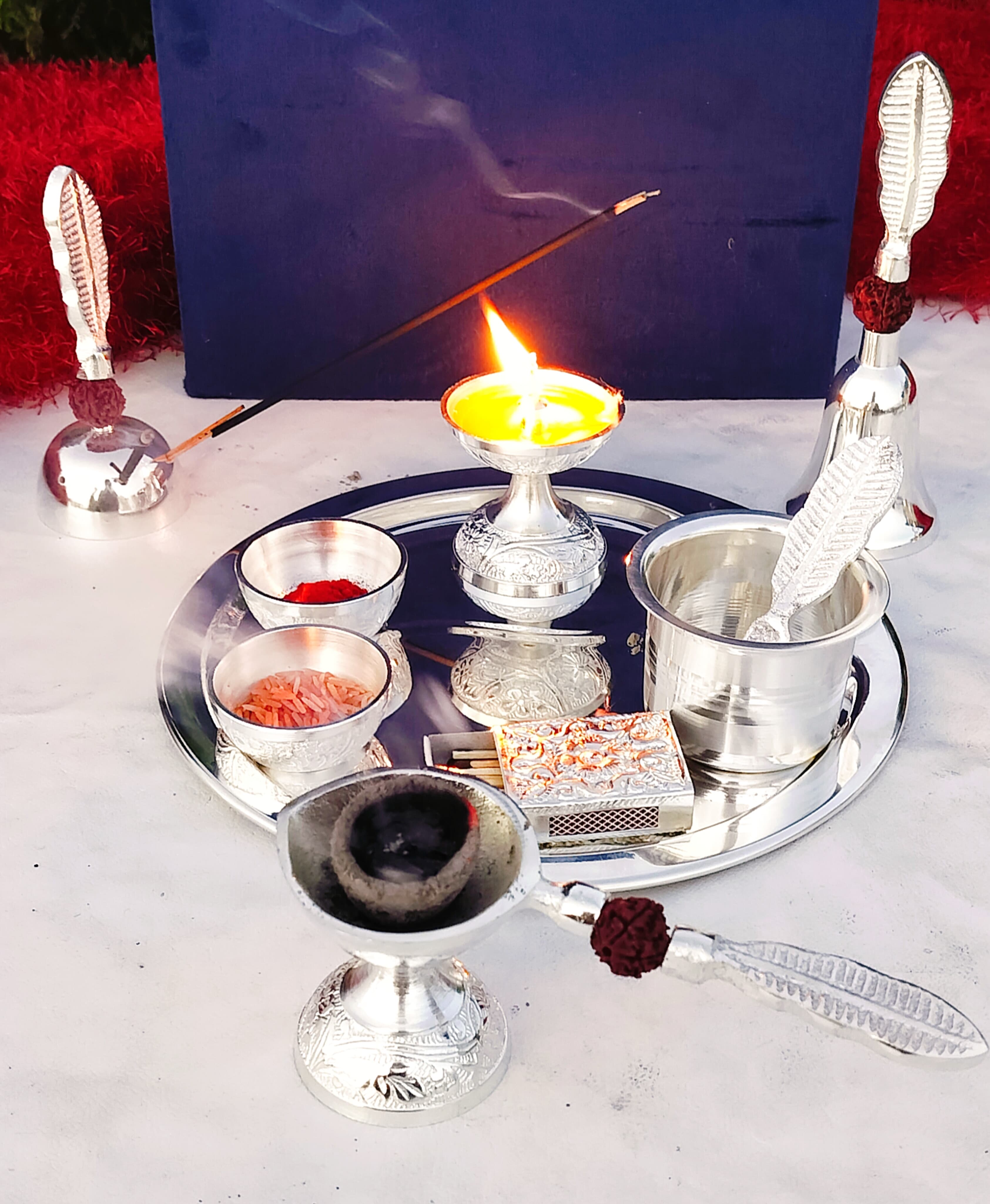 German Silver Rudraksha Pooja Set with om Design Thali